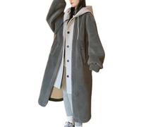 2-Layered Faux Lambswool Hooded Coat Jacket, Long Style Winter Women Plush Button Outwear (Gray,XL)