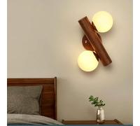 2-Light Rotatable Modern Wood Wall Sconce with Milk Glass Globes - Rustic Farmhouse Lamp for Bedroom, Bedside, Living Room