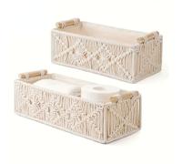 2 Macrame Storage Baskets with Wooden Handles, Boho Decor Storage Basket, Bathroom Handwoven Container, Handmade Woven Decorative Basket Handmade Woven Decorative Countertop Organizer