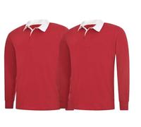 2 Men's Long Full Sleeve Classic Rugby Shirt Plain Cotton Casual Sports Work TOP (Large, Red)