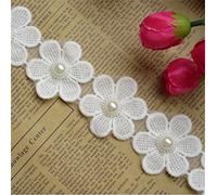 2 Meters Cotton Daisy Flower Pearl Beaded Lace Edge Trim Ribbon 52 mm Width Vintage Style White Edging Trimmings Fabric Embroidered Applique Sewing Craft Wedding Bridal Dress Clothes Decoration DIY