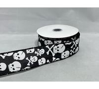 2 Meters x 38mm Wired Ribbon Skull and Bones Halloween Hessian Style 3.8cm