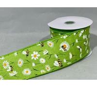 2 Meters x 63mm 2.5" Wired Hessian Style Green BEE & Daisy Summer Ribbon 6.3cm