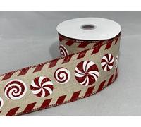 2 Meters x 63mm Wired Ribbon Red Candy Cane Swirls Christmas Hessian Style 6.3cm