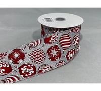 2 Meters x 63mm Wired Ribbon Silver and Red Baubles Christmas Hessian Style 6.3cm