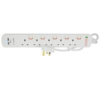 2 Metre 5 Gang Switched Extension Lead 13A, Surge Protected , Neon Indicators & 2 x USB charging points 2400mA