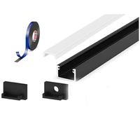 2 Metre Surface Black Aluminium LED Profile P4-2 C/W Clips, End Caps & Opal Cover | Perfect for Bedroom, Stairs, Hallway, Kitchen, Cabinet (11mm x 7mm)