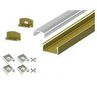 2 Metre Surface/Recessed Mounted Gold/Brass LED Profile P4-1 C/W Clips, End Caps & Clear Cover | Perfect for Bedroom, Stairs, Hallway, Kitchen, Cabinet (15mm x 7mm)