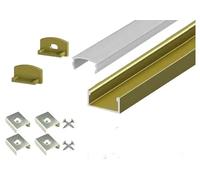 2 Metre Surface/Recessed Mounted Gold/Brass LED Profile P4-1 C/W Clips, End Caps & Opal Cover | Perfect for Bedroom, Stairs, Hallway, Kitchen, Cabinet (15mm x 7mm)