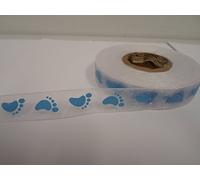 2 metres (Cut from Reel) x 15mm Organza Ribbon White with Blue Baby Feet 15 mm 5/8" 1.5cm