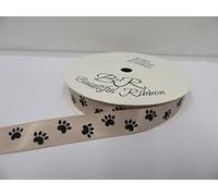 2 metres of 15mm Taupe with Black Paw Print Satin Ribbon Dog Cat Pet 15 mm 1.5cm