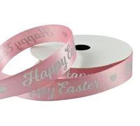 2 Metres x 15mm Happy Easter Heart Satin Ribbon - with a Beautiful Gold/Silver Happy Easter Design - for Gift Wrapping, Decoration, Party Etc - Available in Aqua, Blue & Pink (Pink)