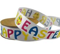 2 Metres x 25mm Happy Easter Satin Ribbon - White with Colourful Design - for Gift Wrapping, Decoration, Party Etc