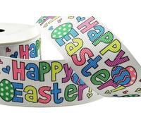 2 Metres x 35mm Happy Easter Grosgrain Ribbon - with a Beautiful Multi Coloured Happy Easter Design - for Gift Wrapping, Decoration, Party Etc