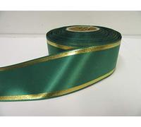 2 metres x 38mm Emerald Dark Green Satin Tram Lines Ribbon Rustic Gold Metallic Stripe