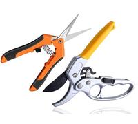 2 multi-purpose garden shears, ratchet pruning shears, pruning shears with on/off ratchet and rose plant shears, branch anvil shears, woody branches, cutting thickness up to 24 mm, bypass anvil