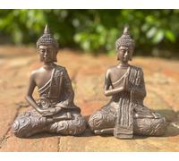 2 Mystic Thai Buddha Ornaments - set of two in both a Lotus and meditating pose - a beautiful tranquil pair of 19cm tall ornaments in cold cast solid bronze colour resin for your home or garden!