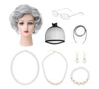 2 Necklaces, 1 Pair Of Earrings, 1 Bracelet, 1 Glasses Rope, 1 Pair Of Reading Glasses, 1 Wig And 1 Hair Cap, Old Woman Clothing Accessories, Role-Playing Props.