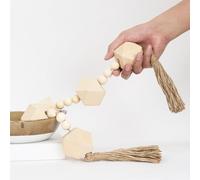 2" Octagonal Extra Large Wood Bead Garland with Tassels, 28" Long Rustic Farmhouse Wooden Beads Garland, Decorative Beads Boho Decorations for Home Table Mantle Natural Beige