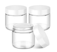 2 oz Glass Jars with Lids, Bumobum 3 pack Clear Small Jar with White Lids, Blank Labels & Inner Liners, 60 ml Empty Round Cosmetic Containers for Sample, Powder, Cream, Lotion, Spice