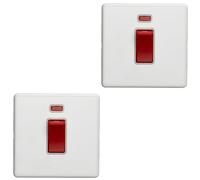 2 PACK 1 Gang Single 45A DP Cooker Switch & Neon SCREWLESS MATT WHITE Rocker