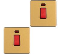 2 PACK 1 Gang Single 45A DP Cooker Switch & Neon SCREWLESS SATIN BRASS Rocker