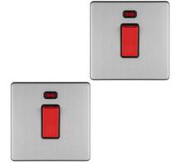 2 PACK 1 Gang Single 45A DP Cooker Switch & Neon SCREWLESS SATIN STEEL Rocker