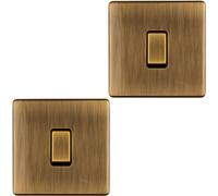 2 Pack 1 Gang Single Light Switch SCREWLESS Antique Brass 2 Way 10A Slim Rocker - Decorative Kitchen Living Room Bedroom Plate