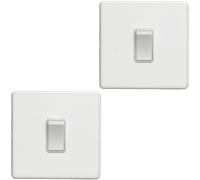 2 Pack 1 Gang Single Light Switch SCREWLESS MATT White 2 Way 10A Slim Rocker - Decorative Kitchen Living Room Bedroom Plate