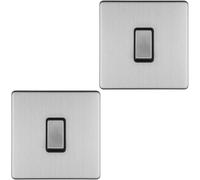 2 PACK 1 Gang Single Light Switch SCREWLESS SATIN STEEL 2 Way 10A Slim Rocker