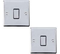 2 PACK 1 Gang Single Metal Light Switch POLISHED CHROME 2 Way 10A Black Trim