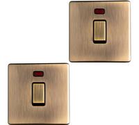 2 PACK 1 Gang Single SCREWLESS 20A Switch & Neon ANTIQUE BRASS & BLACK 3mm Slim