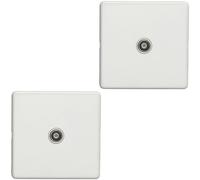 2 Pack 1 Gang Single TV Coaxial Aerial Socket SCREWLESS MATT White Wall Plate - Decorative Television Coax Face Plate