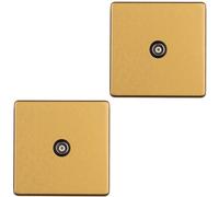 2 PACK 1 Gang Single TV Coaxial Aerial Socket SCREWLESS SATIN BRASS Wall Plate