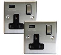 2 Pack - 1 Gang Single Uk Plug Socket & 2.1A Usb Satin Steel & Black Trim 13A Switched