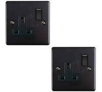 2 PACK 1 Gang Single UK Plug Socket MATT BLACK 13A Switched Power Outlet