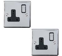 2 Pack 1 Gang Single Uk Plug Socket Polished Chrome 13A Switched Black Trim