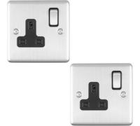 2 PACK 1 Gang Single UK Plug Socket SATIN STEEL 13A Switched Black Trim Plate