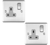 2 PACK 1 Gang Single UK Plug Socket SATIN STEEL 13A Switched Grey Trim Plate
