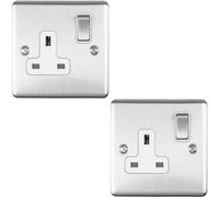 2 PACK 1 Gang Single UK Plug Socket SATIN STEEL 13A Switched White Trim Plate