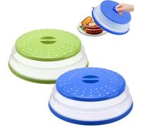 2-Pack 10.5 Inch Collapsible Microwave Splatter Cover | Silicone Food Lid with Steam Vents | Multi-Functional Fruit Basket Strainer - BPA-Free, Green+Blue