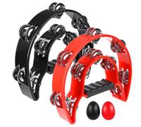 2 Pack 10" Half Moon Musical Tambourine Double Row Metal Jingles Hand Held Percussion Drum Multicolor for Adults, KTV Party with Ergonomic Handle Grip (Black & Red)