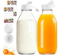 2-Pack 1000ml Clear Glass Milk Bottles with Airtight Screw Lid, 2 Silicone Pour Spout & Measurement Scale, Reusable Food Grade Beverage Storage Containers for Juice, Smoothies, Kitchen Pantry Use