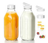 2 Pack 1000ml Glass Milk Bottles with Lids - 34oz Heavy Duty Clear Juice Jars, Airtight Reusable Beverage Containers for Fridge, Cold Brew Coffee - BPA Free Borosilicate Glass,Milk Storage Bottles