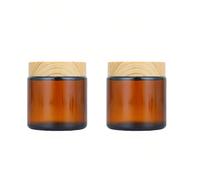 2 Pack 100ml 3.4oz Amber Glass Jars Refillable Cosmetic Containers with Plastic Wood Grain Lids and Inner Liners for Lotion Cream Moisturiser DIY Skincare Storage