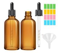 2 Pack,100ml Drop Bottle, Amber Glass Bottles with Coloured Sticky Notes Measured Dropper Pipettes and 1 Funnel for Essential Oils Liquids, Refillable Sample Dropper Bottles for Oils, Liquids, Perfum