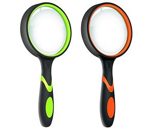 2 Pack 10X Magnifier Magnifying Glass for Kids, Non-Slip Handheld Magnified Glass, 75MM Large Magnifying Glasses for Close Work, Reading, Insect, Science and Hobby Observation (Felt Bag Included)