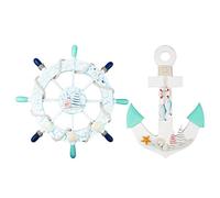 2 Pack 11" Nautical Beach Wooden Ship Wheel and 11" Wooden Anchor with Sailboat Nautical Boat Steering Wheel Rudder Anchor Wall Art Decor Door Hanging Ornament Beach Theme Home Decoration(Light Blue)