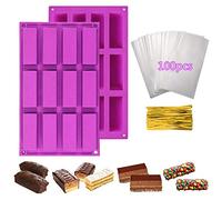 2 Pack 12 Cavity Rectangle Granola Bar Silicone Mould + 100pcs Treat Bags, Nutrition Energy Cereal Chocolate Bar Mould for Baking Bread Brownie Cheesecake Butter Soap Mold (Purple)
