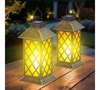 2 Pack 13" Solar Lanterns with Flickering Flame Candle, Outdoor Waterproof Hanging Lantern Lights Metal & Glass for Patio, Pathway, Garden Decorative, Gifts for Mom